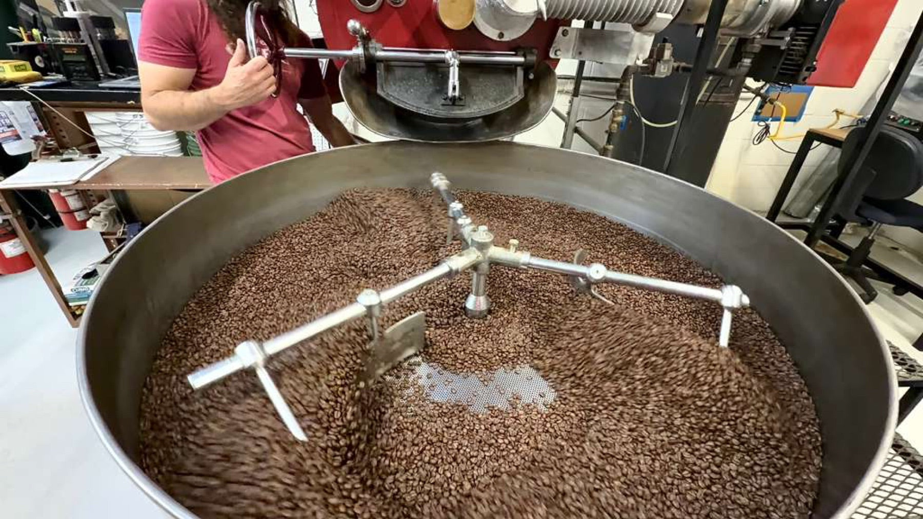 Holy Land Blend Coffee, Medium Dark Roast Whole Bean, 10 oz, Signature House Blend, fresh roasted beans on the cooling tray
