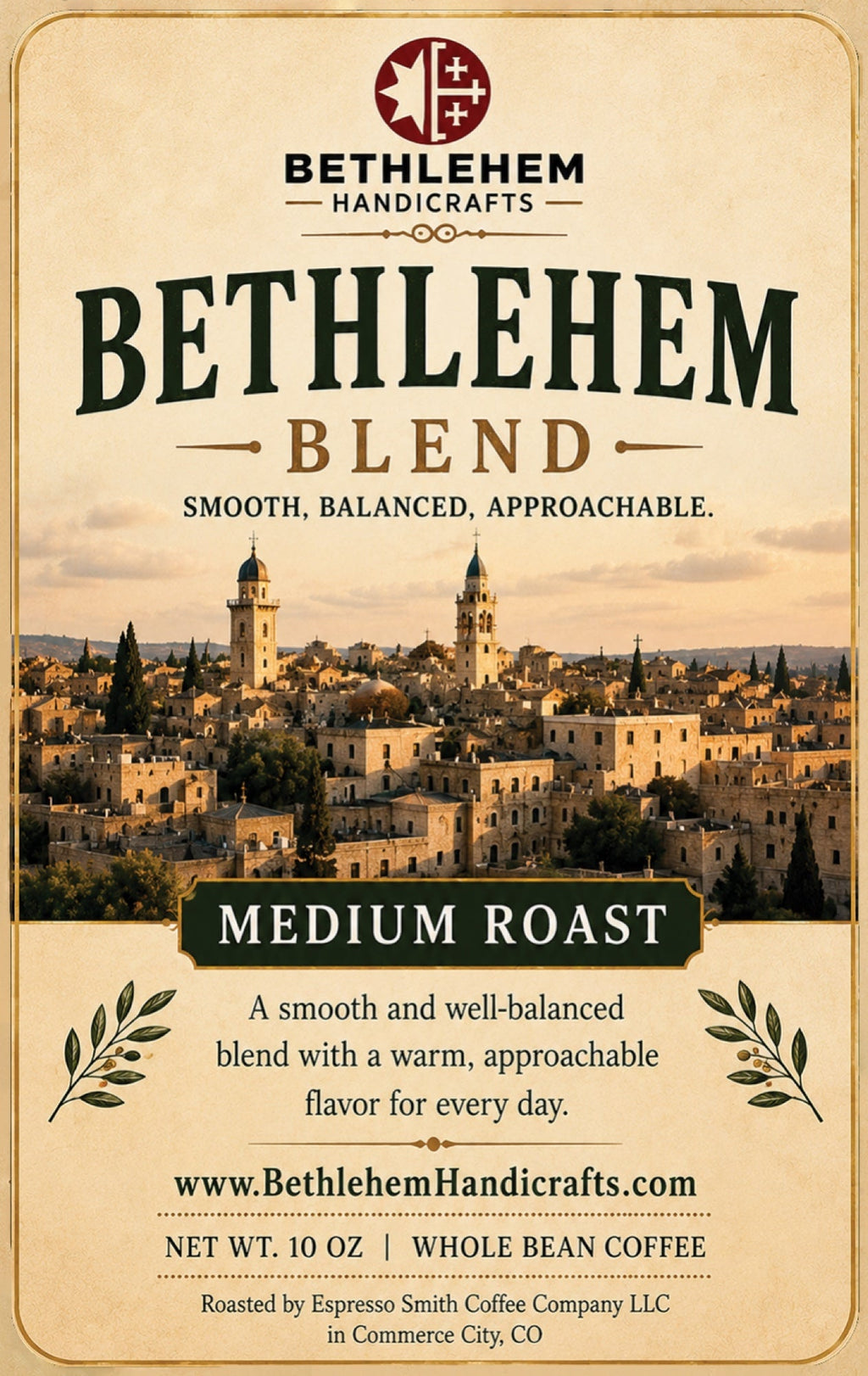 Bethlehem Blend Coffee, Medium Roast Whole Bean, 10 oz, Holy Land Inspired label