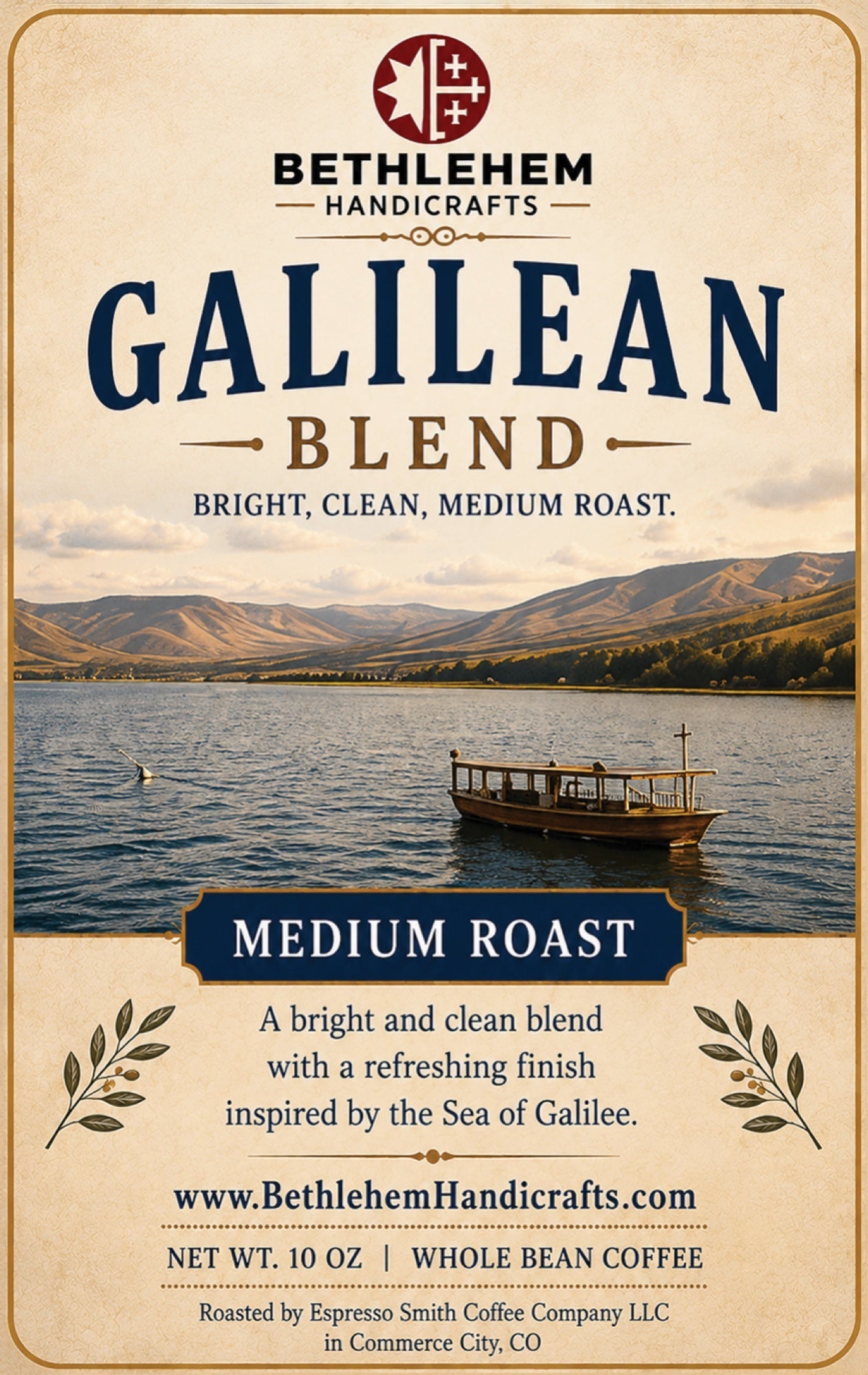 Galilean Blend Coffee, Medium Roast Whole Bean, 10 oz, Holy Land Inspired label
