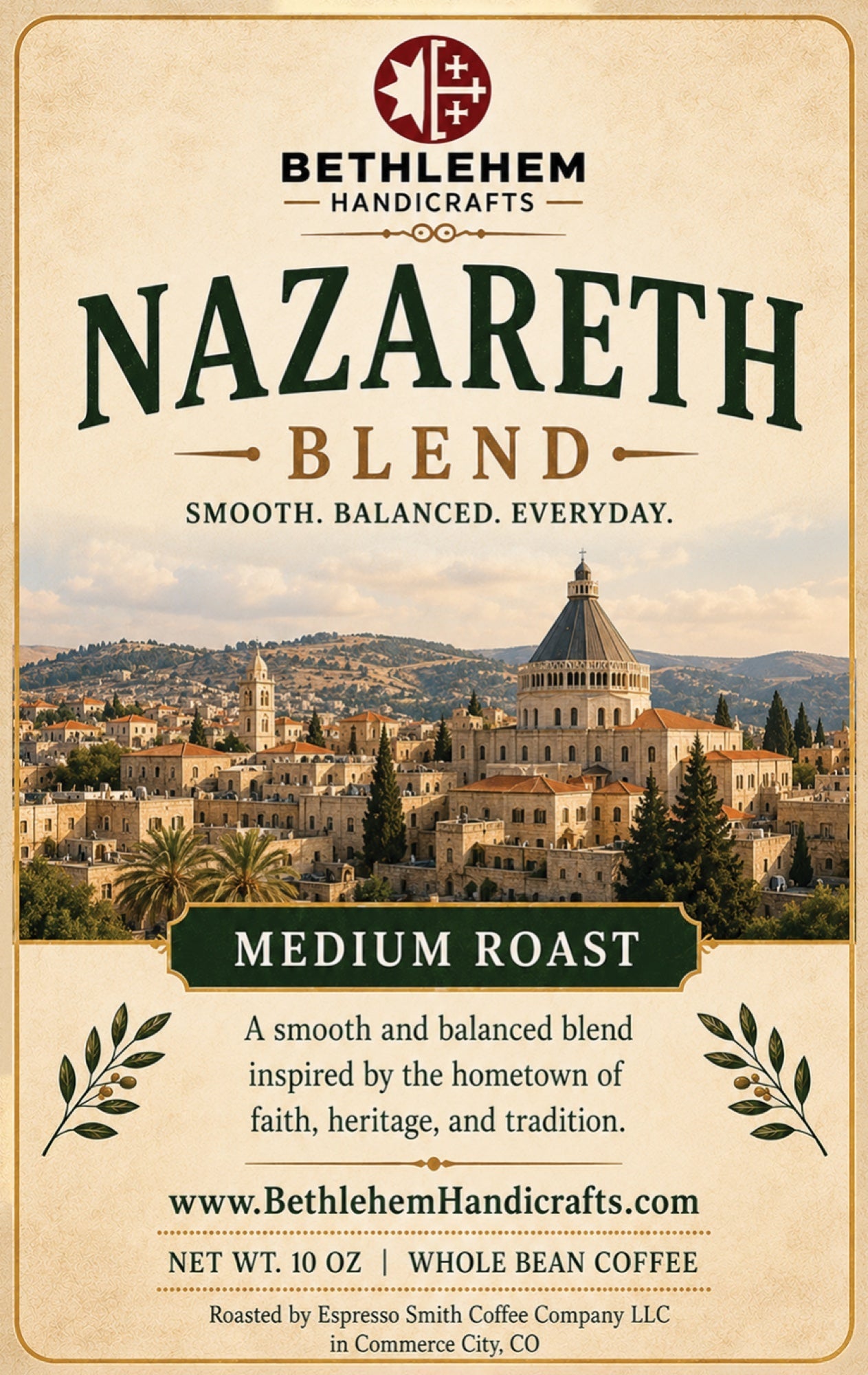 Nazareth Blend Coffee, Medium Roast Whole Bean, 10 oz, Holy Land Inspired label