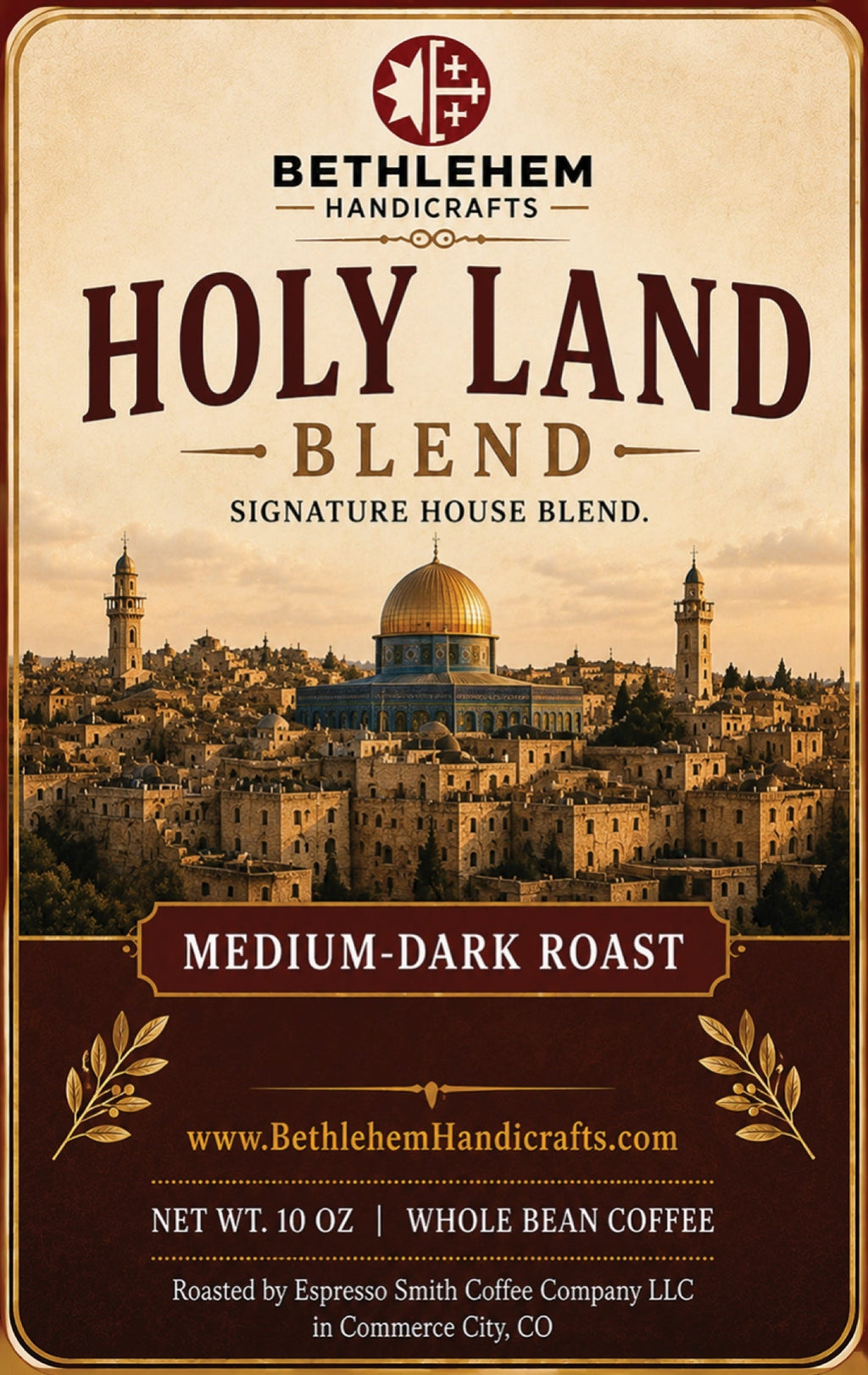 Holy Land Blend Coffee, Medium Dark Roast Whole Bean, 10 oz, Signature House Blend label