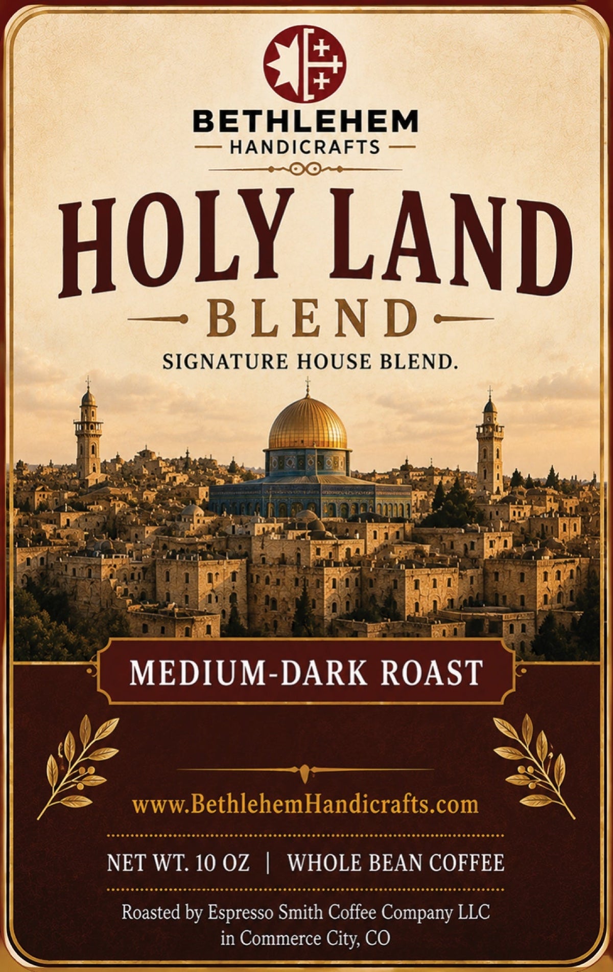 Holy Land Blend Coffee, Medium Dark Roast Whole Bean, 10 oz, Signature House Blend label
