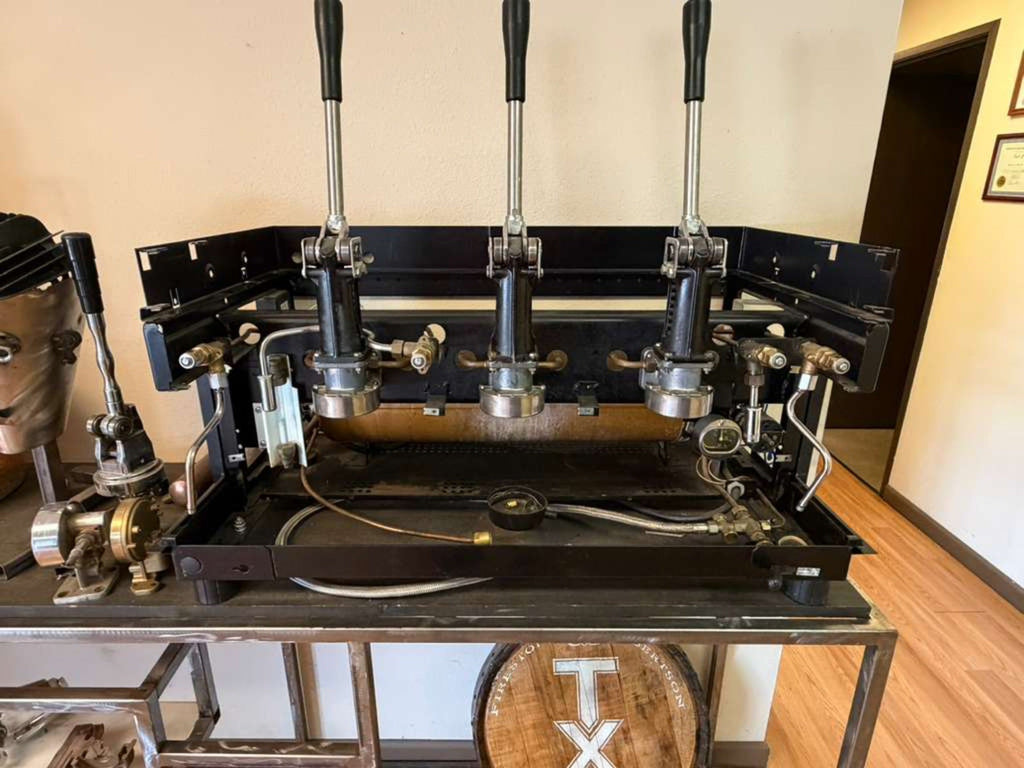 Restored lever espresso machine used to tune our house blend