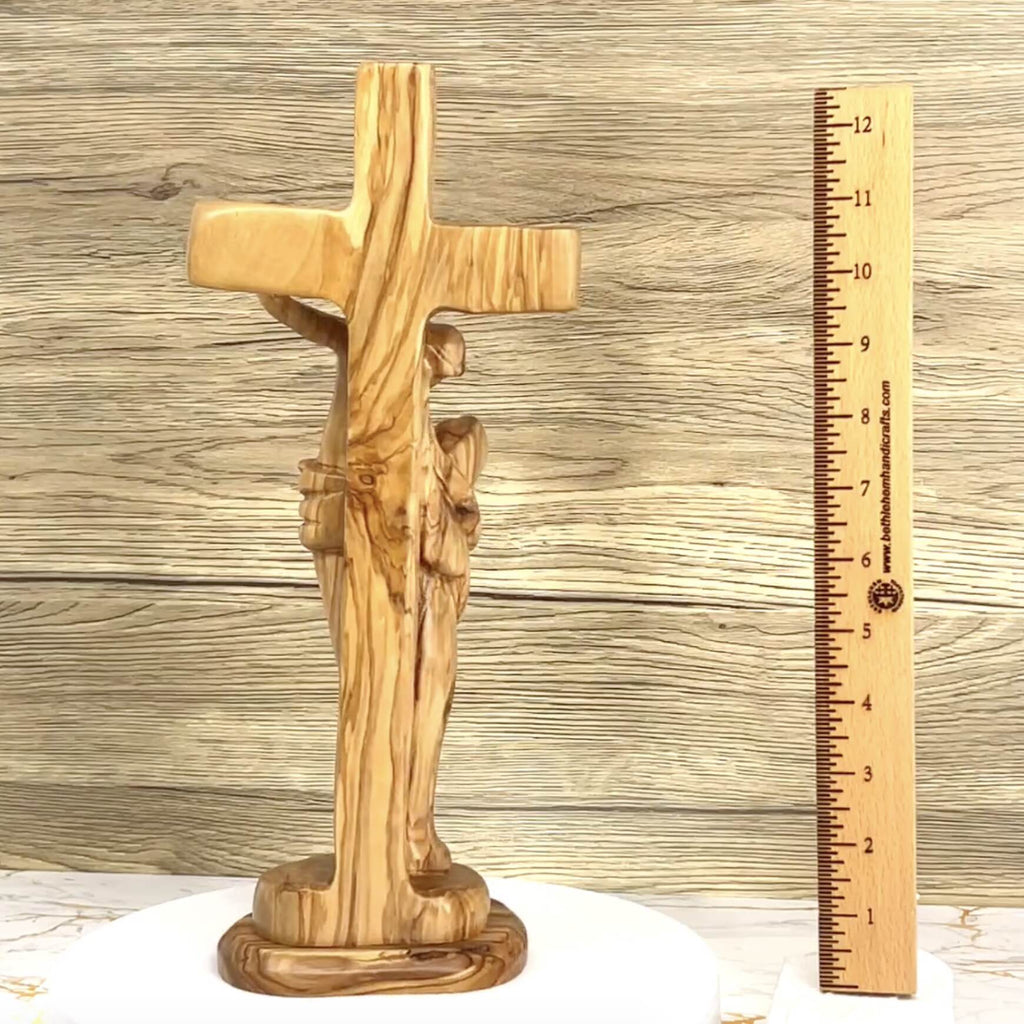Jesus on Cross, Abstract 13" Carving, Made in Bethlehem from Holy Land Olive Wood