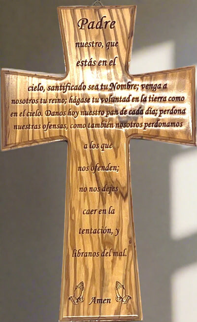 Wall Cross Engraved with Lord's Prayer in Spanish, Olive Wood