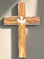Holy Spirit olive wood wall cross from Bethlehem, 6.25 inch front view of the olive wood masterpiece