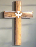 Holy Spirit olive wood wall cross from Bethlehem, 8 inch front view of the olive wood masterpiece