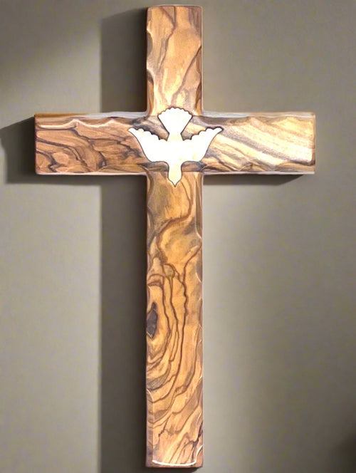 Holy Spirit olive wood wall cross from Bethlehem, 10 inch front view of the olive wood masterpiece