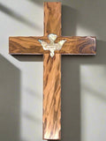 Holy Spirit olive wood wall cross from Bethlehem, 12 inch front view of the olive wood masterpiece