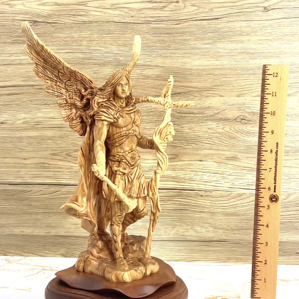 Angel olive wood statue hand carved in Bethlehem, 15 inch back view of the olive wood sculpture