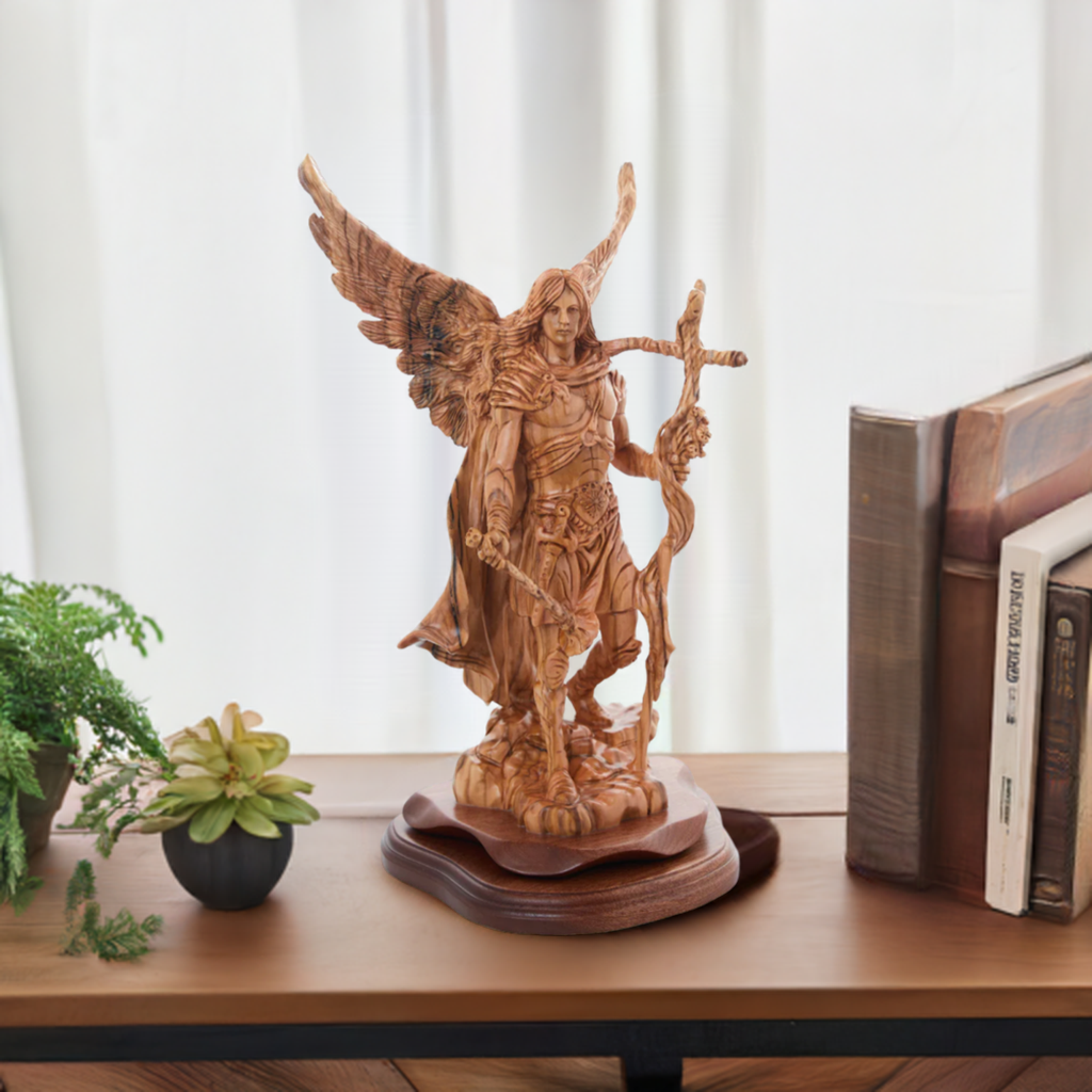 Angel olive wood statue hand carved in Bethlehem, 15 inch three quarter view of the religious piece