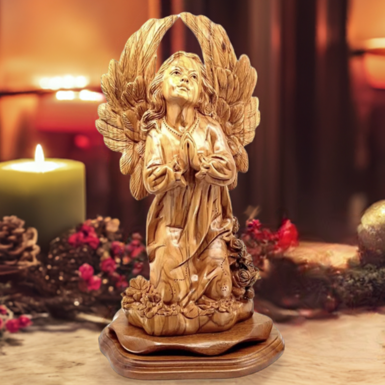 Angel with Wings Praying, 14.5" Carved Statue from Holy Land Olive Wood