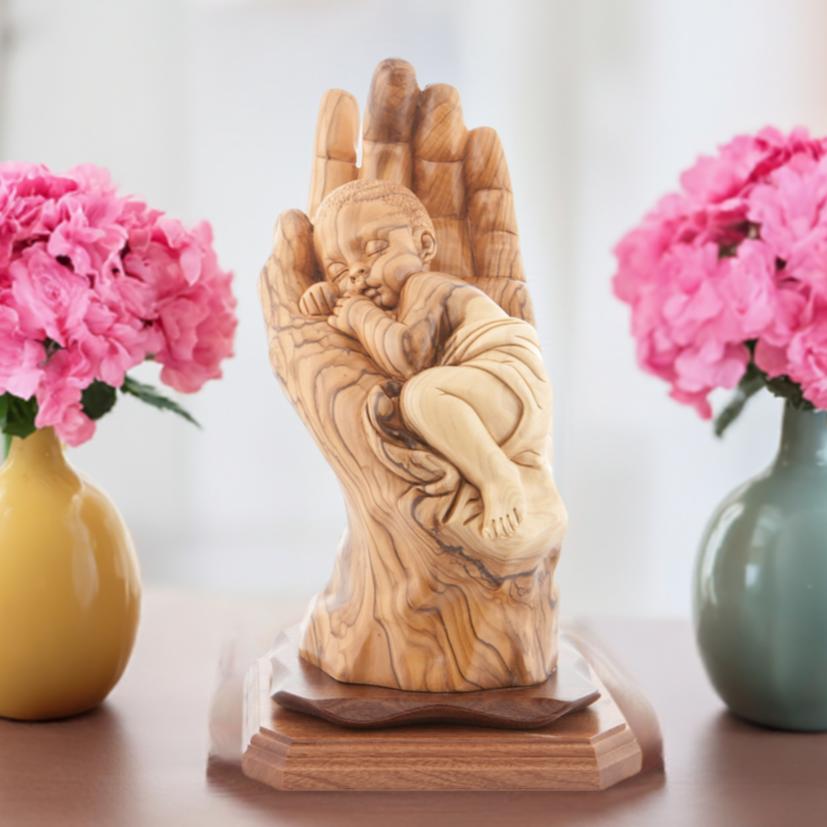 religious olive wood statue hand carved in Bethlehem, 12.4 inch front view of the olive wood masterpiece