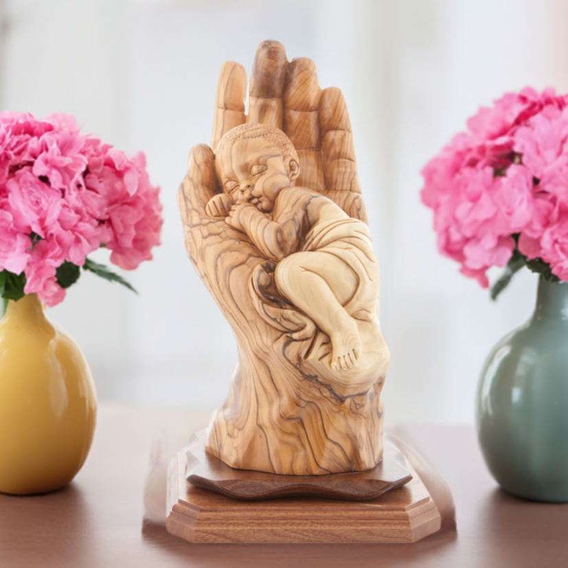 “Protected by the Hand of God” Statue, 12.4" , Olive Wood from the Holy Land