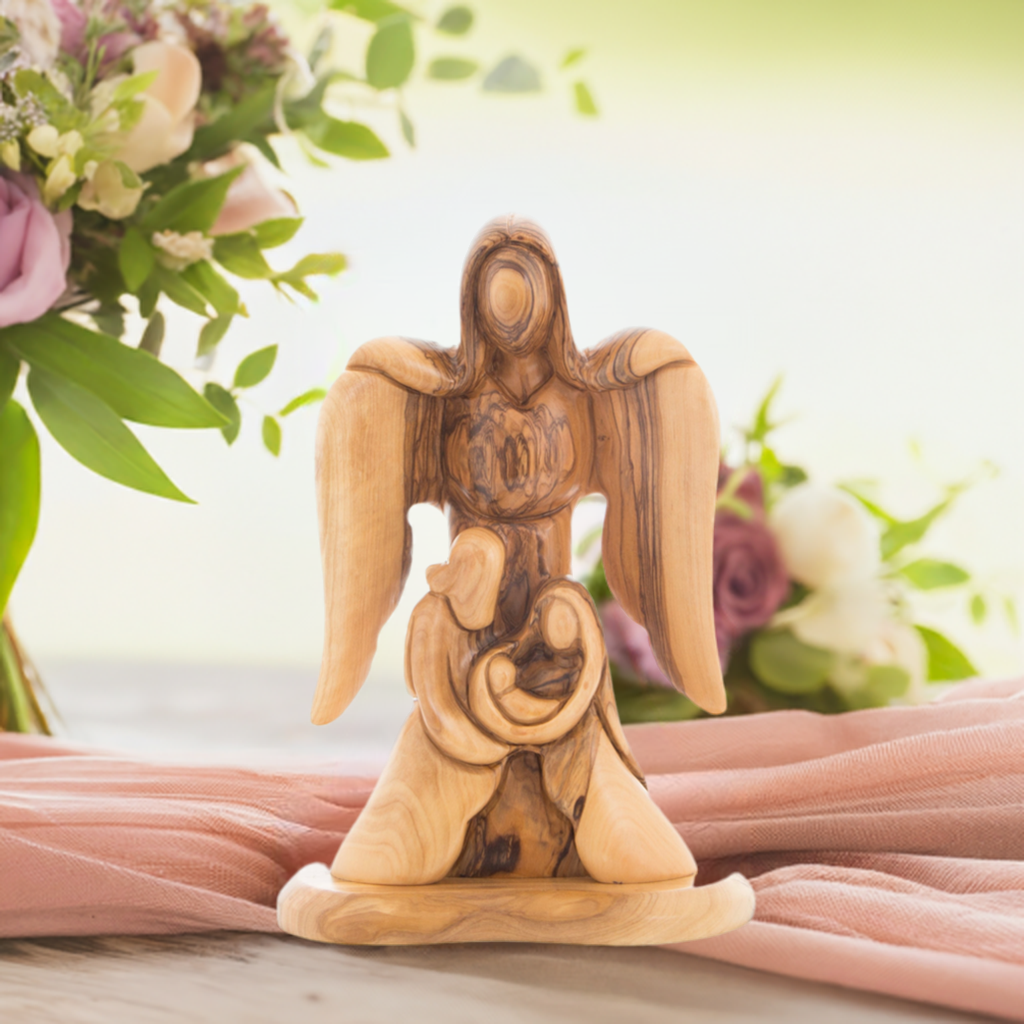 Guardian Angel with Holy Family Wooden Carving 9.8", (Abstract)