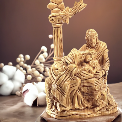 Holy Family with Nativity Star, 11.4" Carved Olive Wood