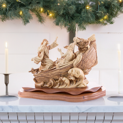 Jesus Christ "Calms The Storm" on Boat, 15.5" Masterpiece Wooden Carving