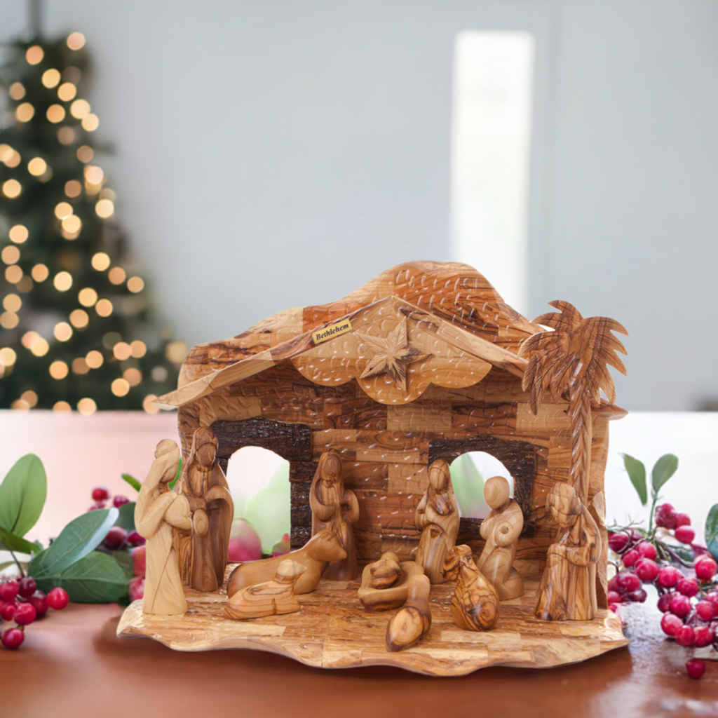 Christmas Nativity Scene Set, 16.5" Unique Carving from Olive Wood in Bethlehem