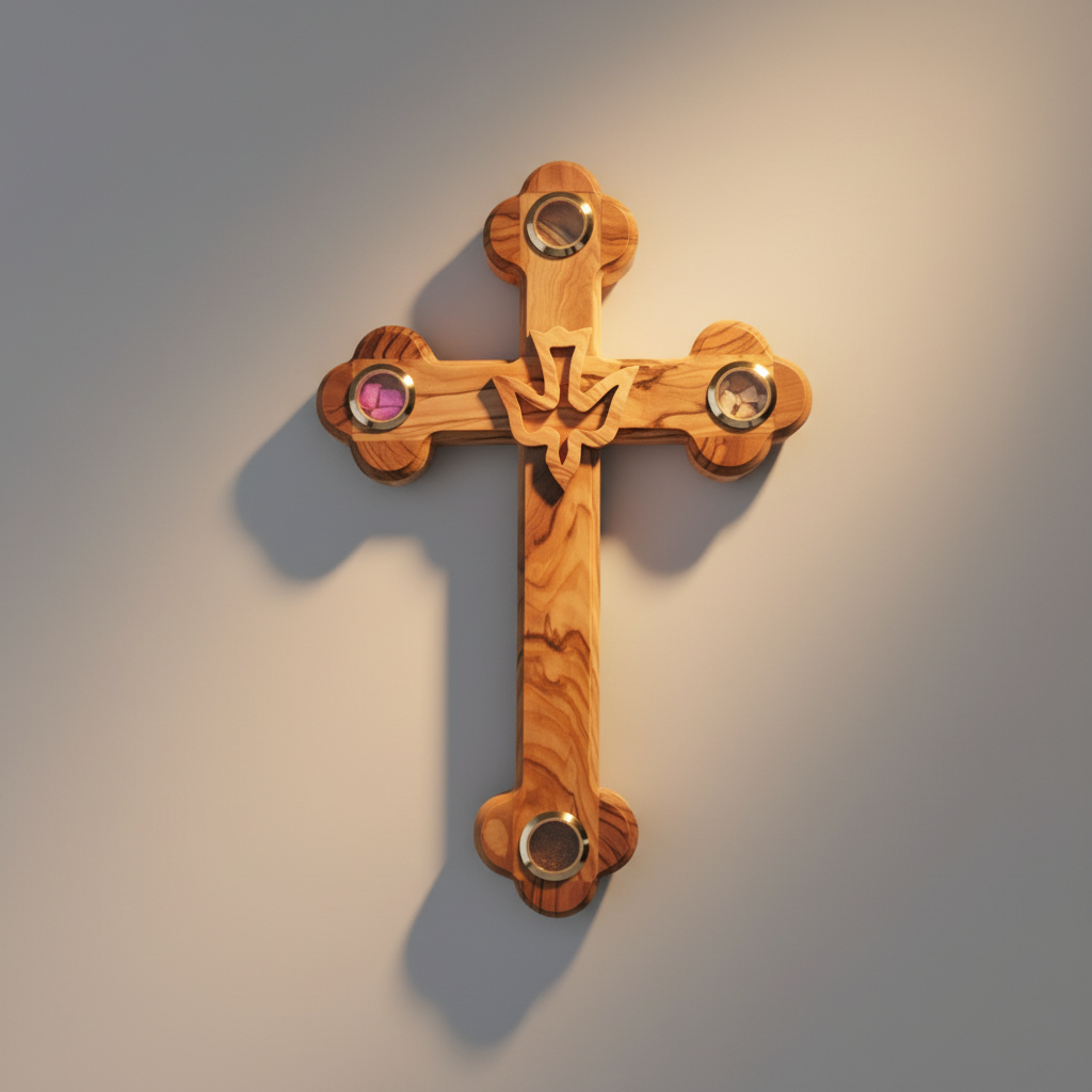 Cross with Holy Spirit Dove, 11" Holy Land Olive Wood and Souvenirs