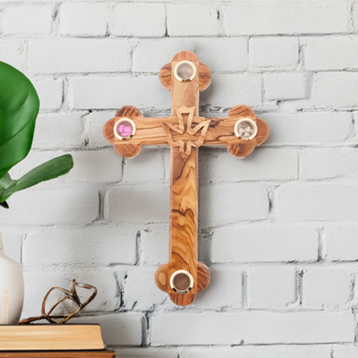 Cross with Holy Spirit Dove, 11" Holy Land Olive Wood and Souvenirs