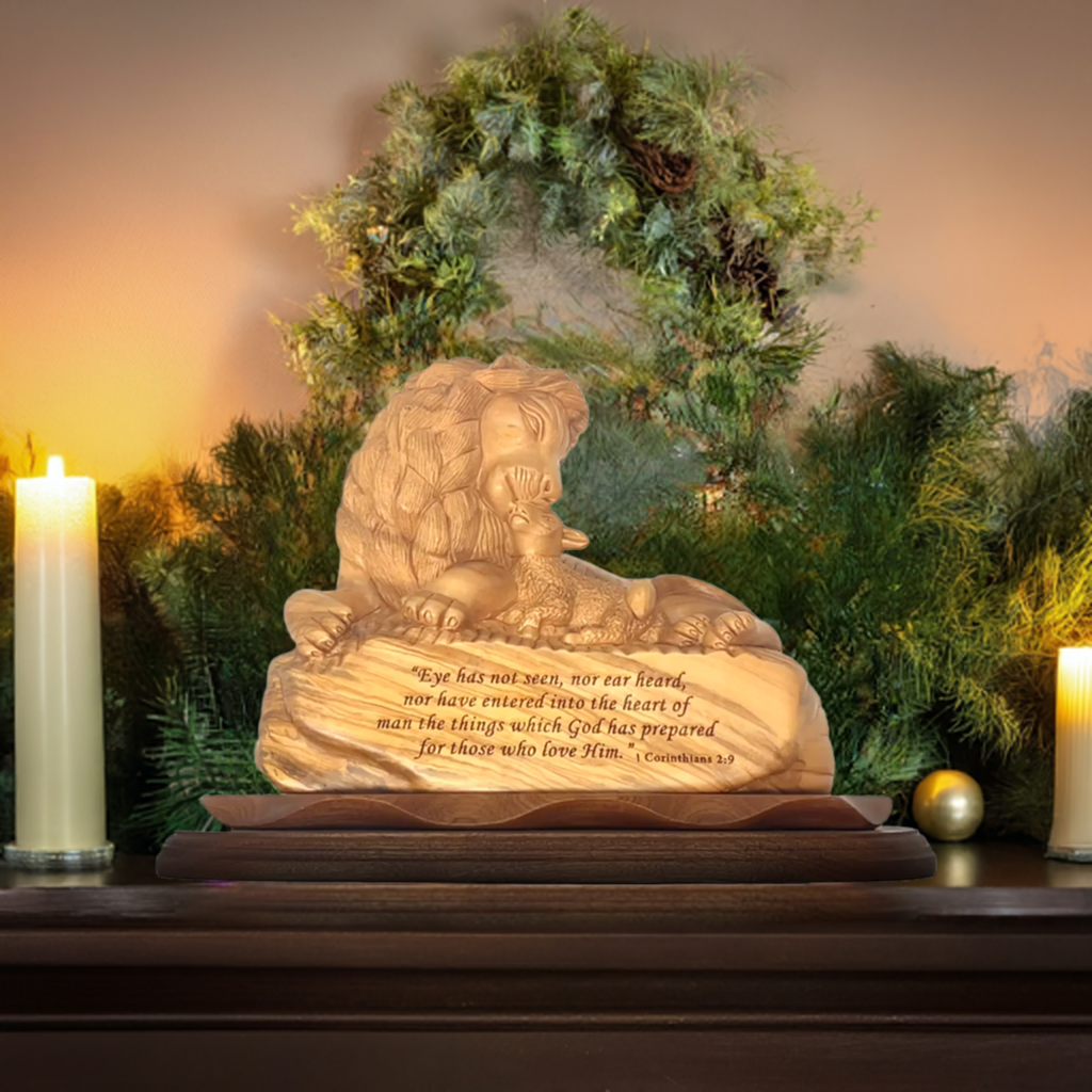 Lion with Lamb and Scripture of Corinthians, 13.8" Masterpiece Wooden Christian Carving