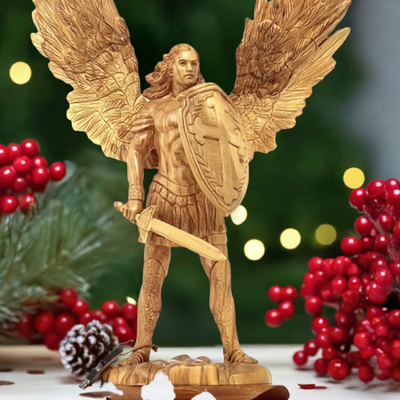 Archangel Micheal Statue 15", Carved from Holy Land Olive Wood