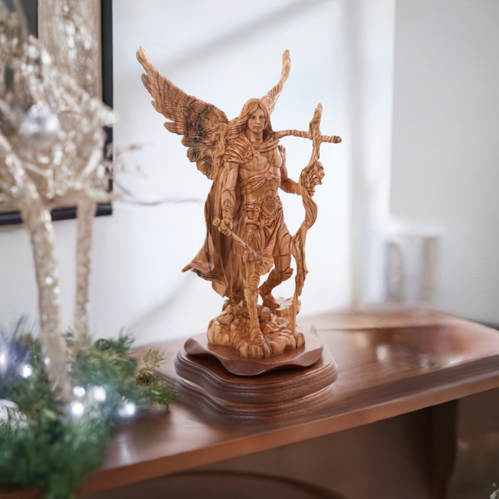 Angel olive wood statue hand carved in Bethlehem, 15 inch close detail of the hand carved work