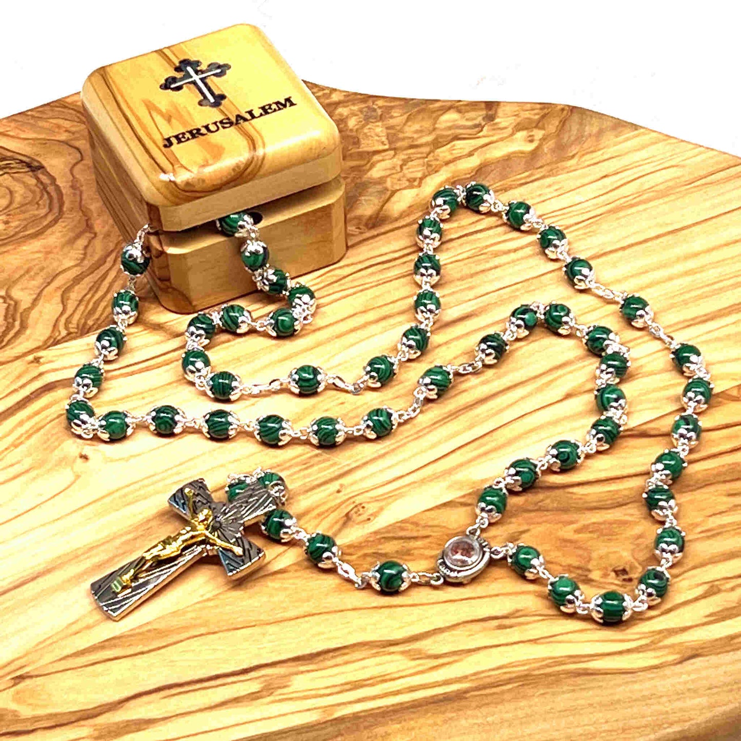 Rosary Necklace with Green Stone Beads