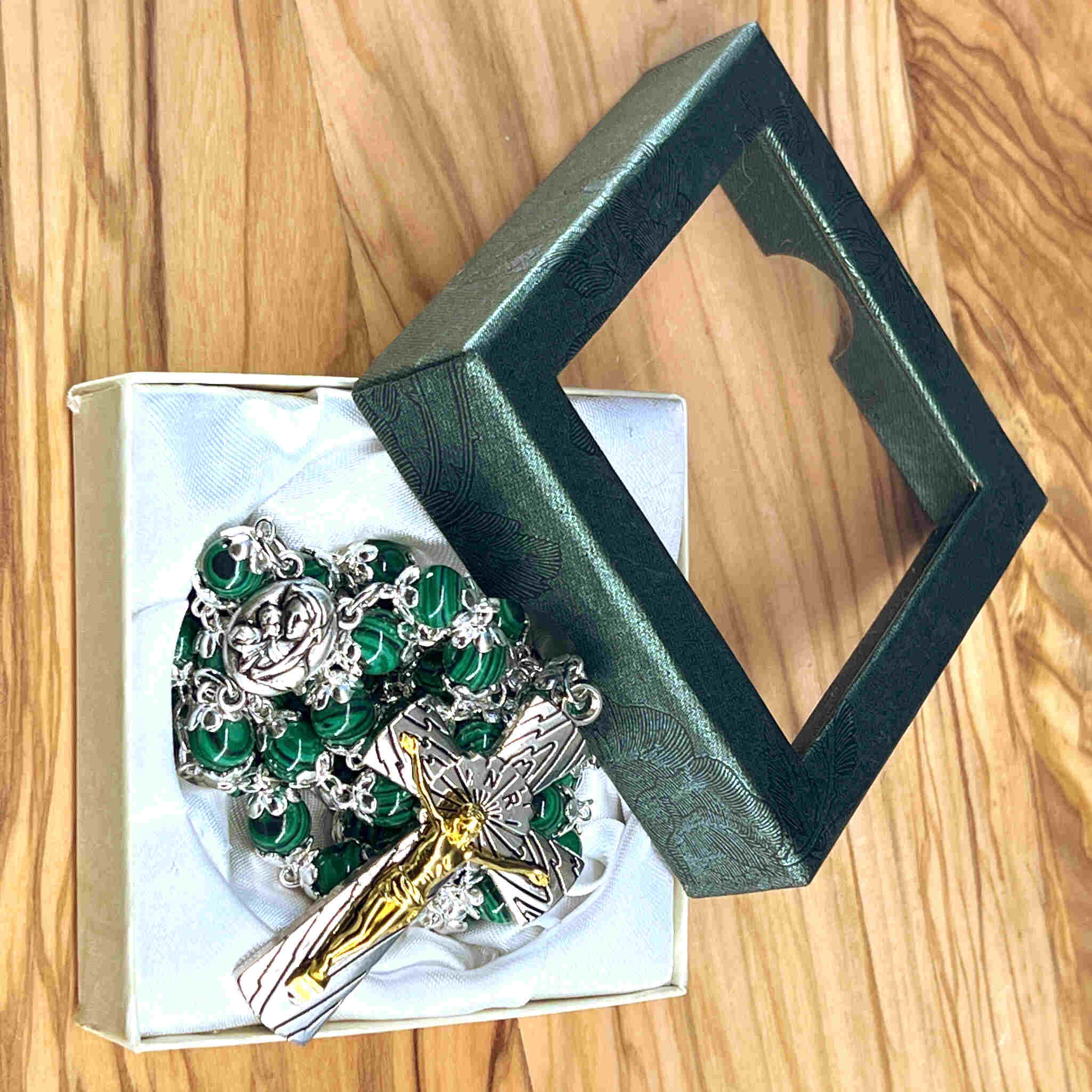 Rosary Necklace with Green Stone Beads
