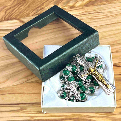 Rosary Necklace with Green Stone Beads