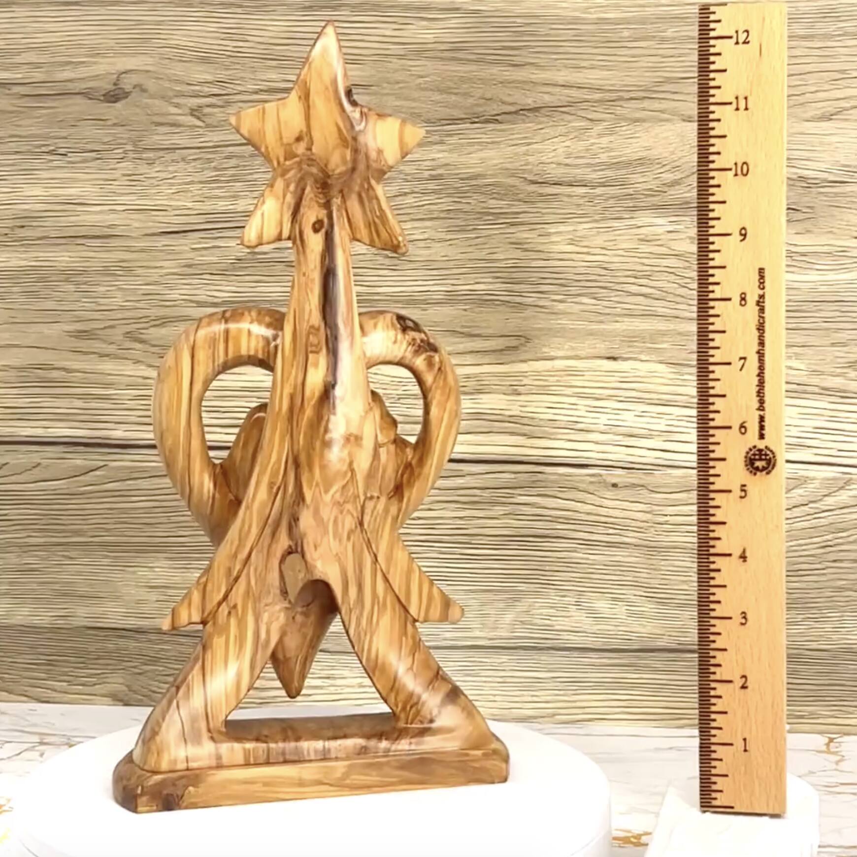Holy Family olive wood statue hand carved in Bethlehem, 12.8 inch back view of the olive wood sculpture