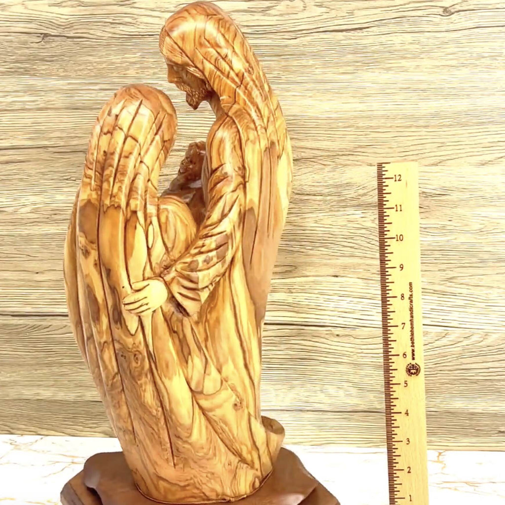 Olive wood nativity scene hand carved in Bethlehem, 18.1 inch back view of the olive wood sculpture