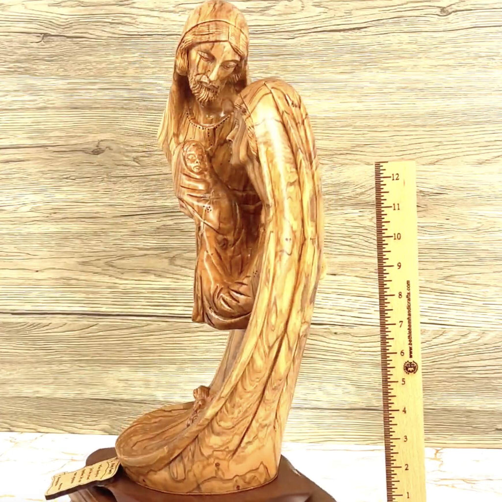 Olive wood nativity scene hand carved in Bethlehem, 18.1 inch close detail of the hand carved work