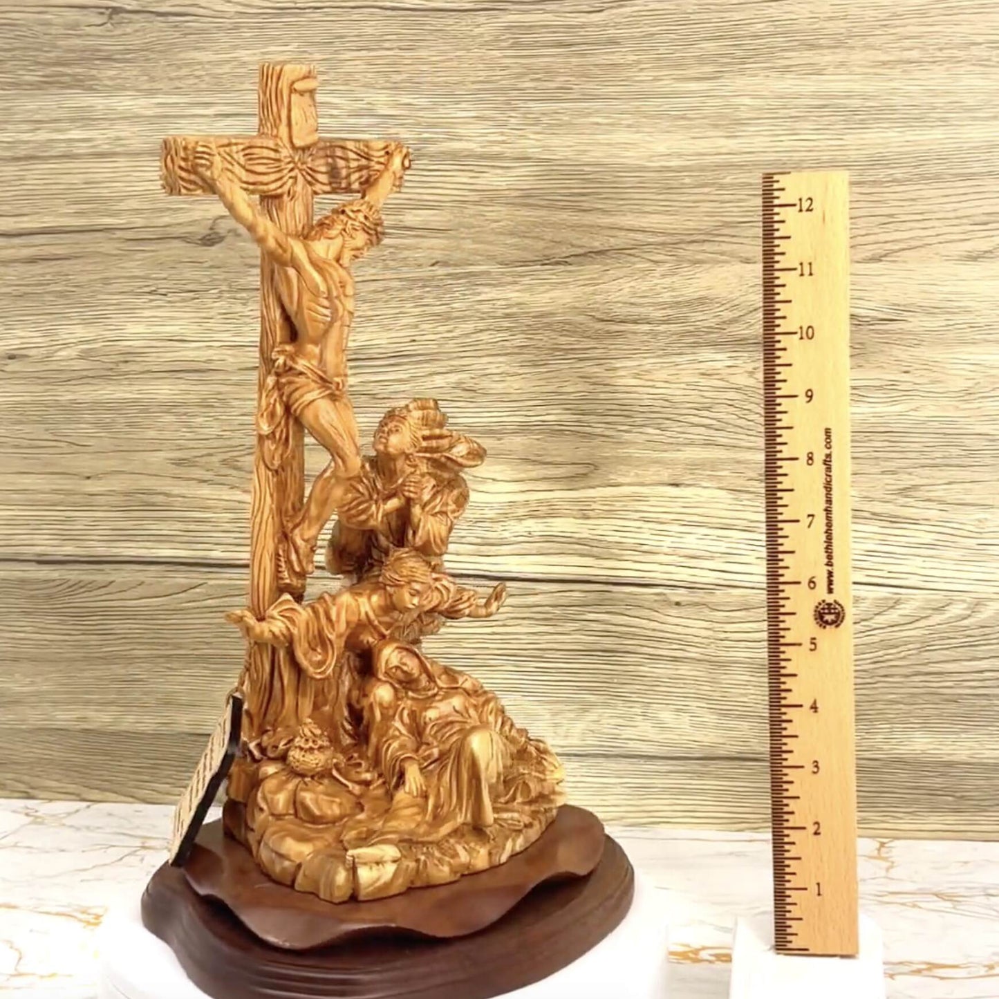Christ Crucified on Cross with Mary Magdalene and St. John 14.4", Olive Wood Statue