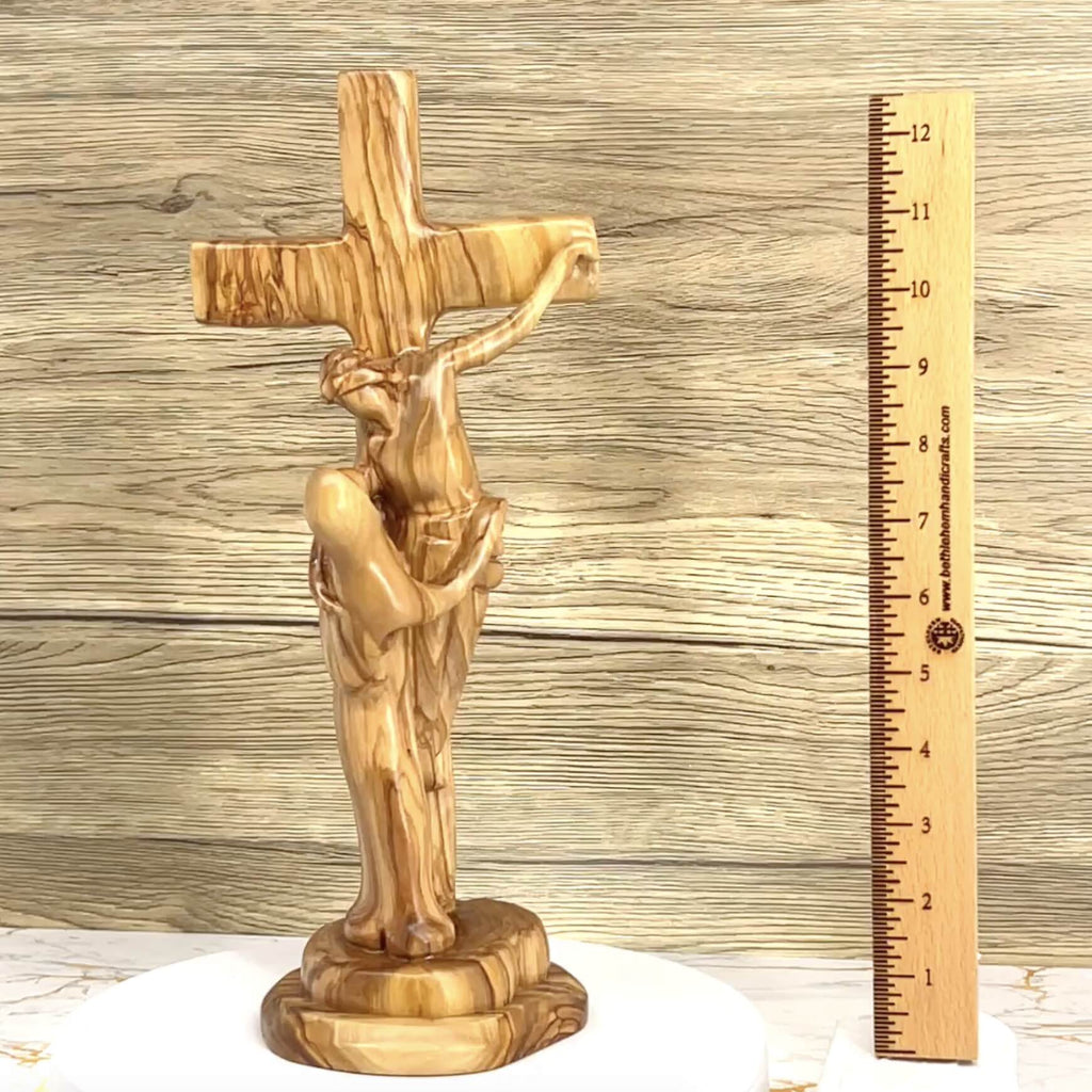 Jesus on Cross, Abstract 13" Carving, Made in Bethlehem from Holy Land Olive Wood