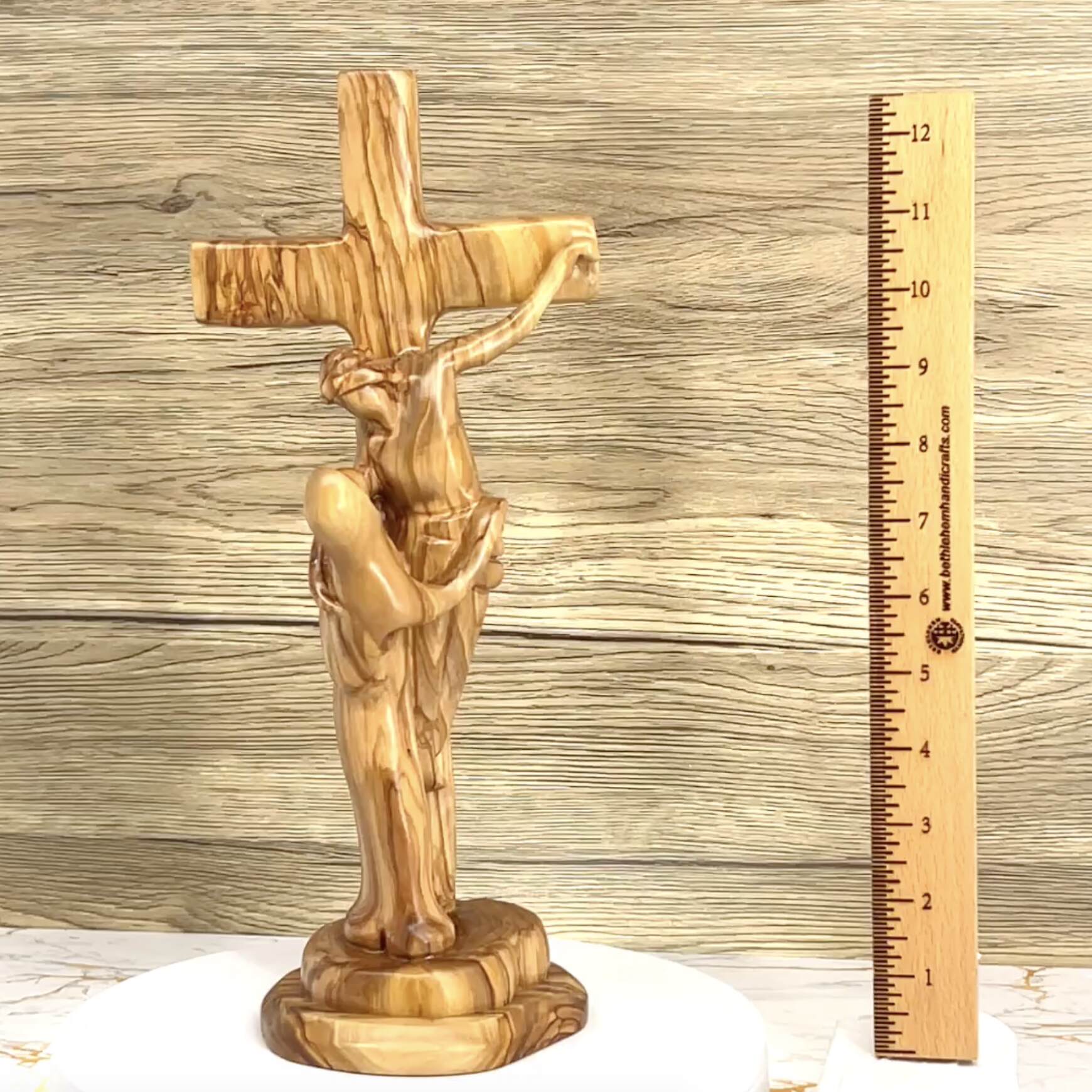 Jesus on Cross, Abstract 13" Carving, Made in Bethlehem from Holy Land Olive Wood