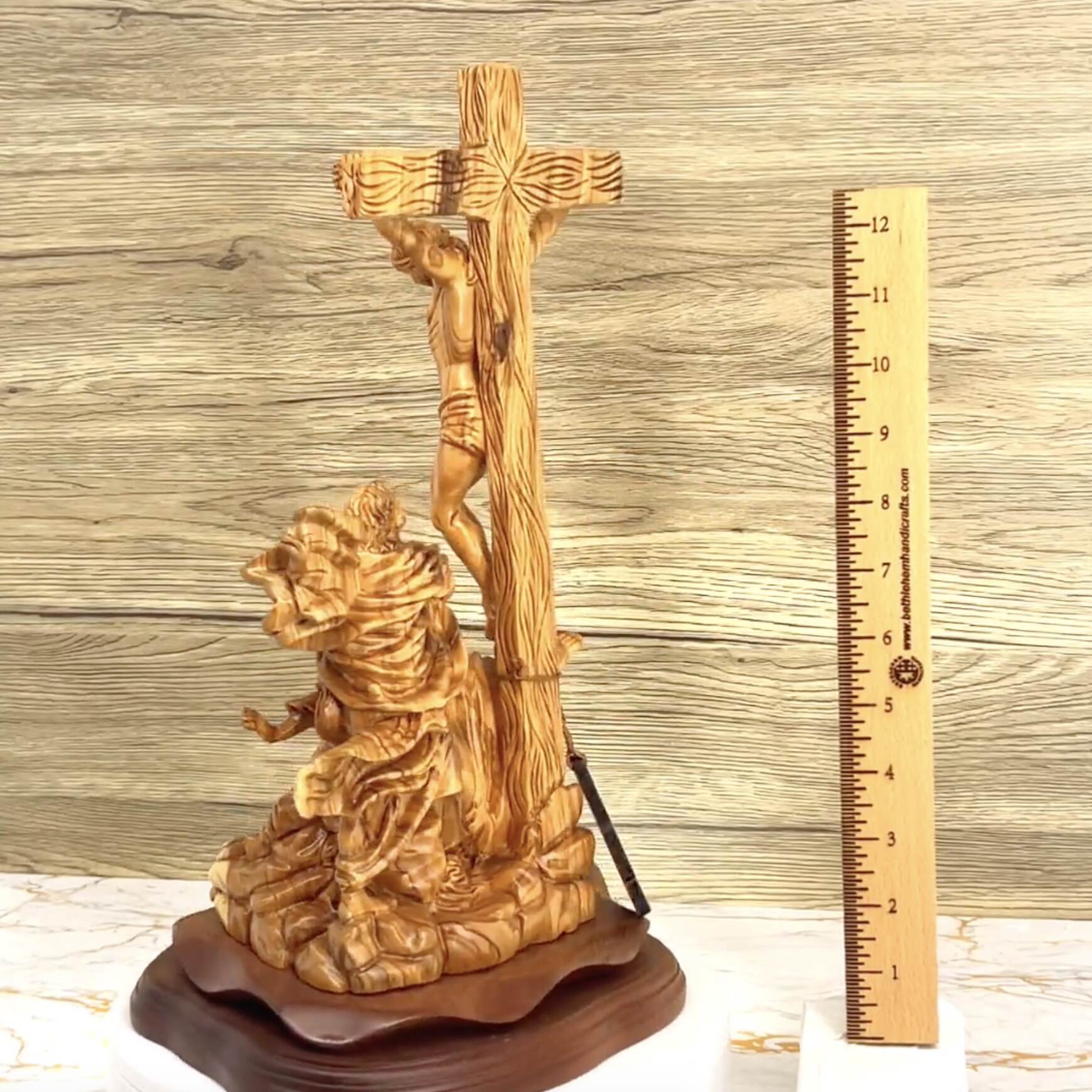 Christ Crucified on Cross with Mary Magdalene and St. John 14.4", Olive Wood Statue