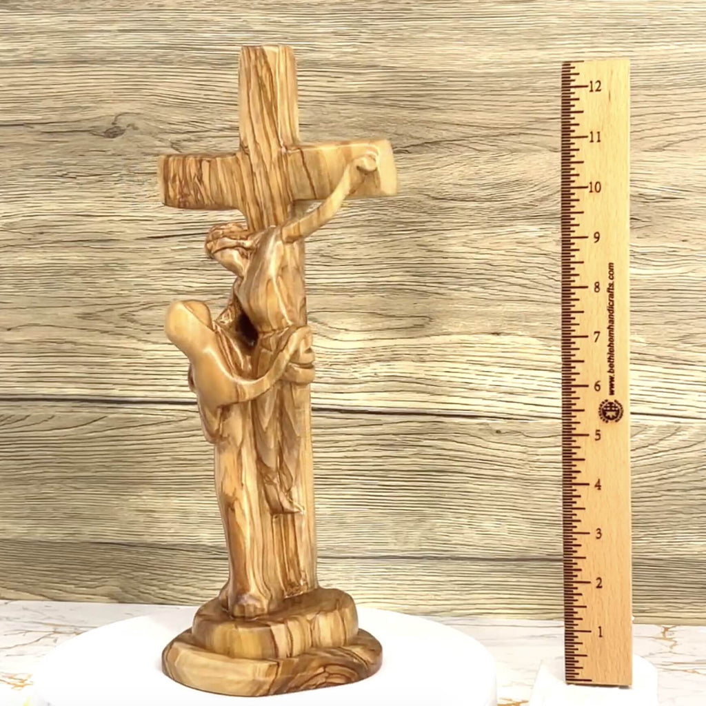 Jesus on Cross, Abstract 13" Carving, Made in Bethlehem from Holy Land Olive Wood