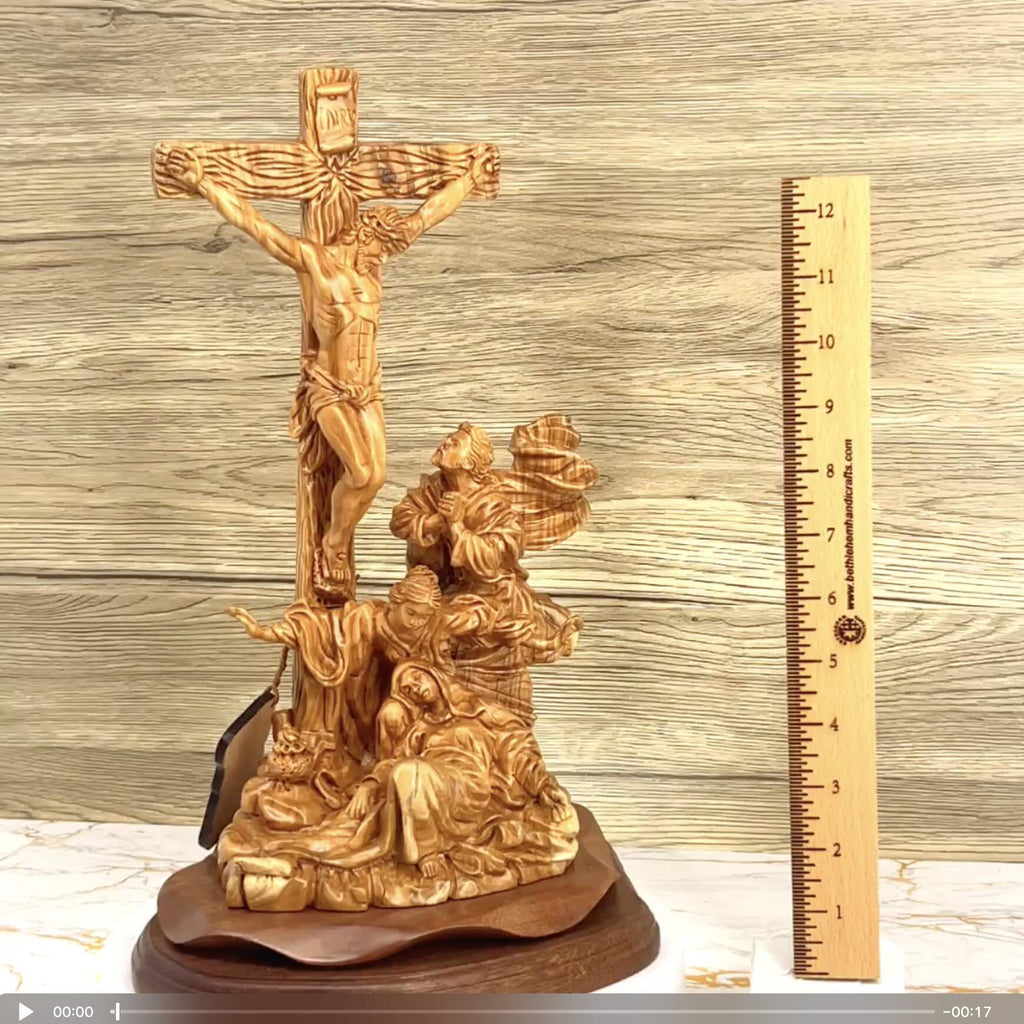 Christ Crucified on Cross with Mary Magdalene and St. John 14.4", Olive Wood Statue