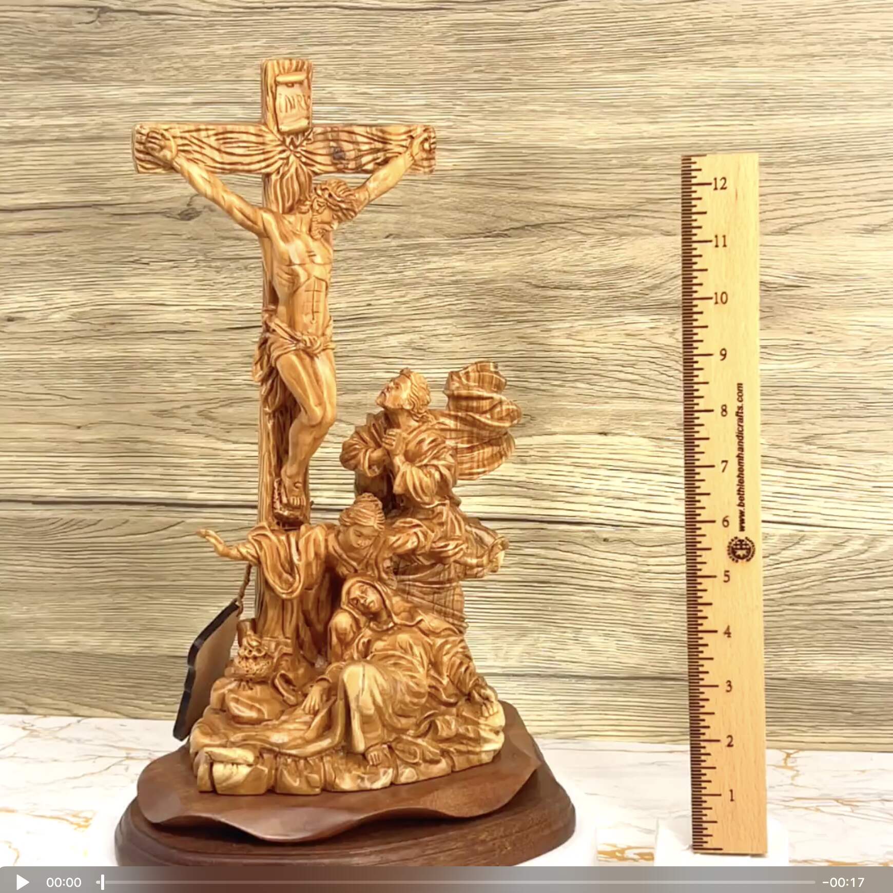 Christ Crucified on Cross with Mary Magdalene and St. John 14.4", Olive Wood Statue