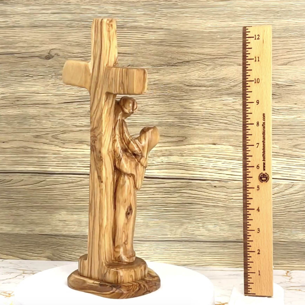 Jesus on Cross, Abstract 13" Carving, Made in Bethlehem from Holy Land Olive Wood