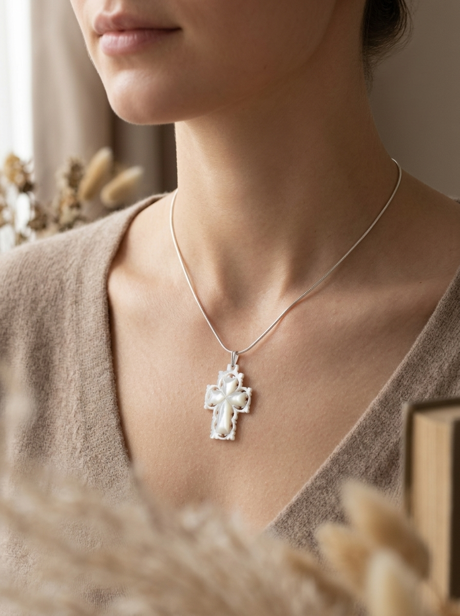 Mother of Pearl Cross Pendant, Sterling Silver