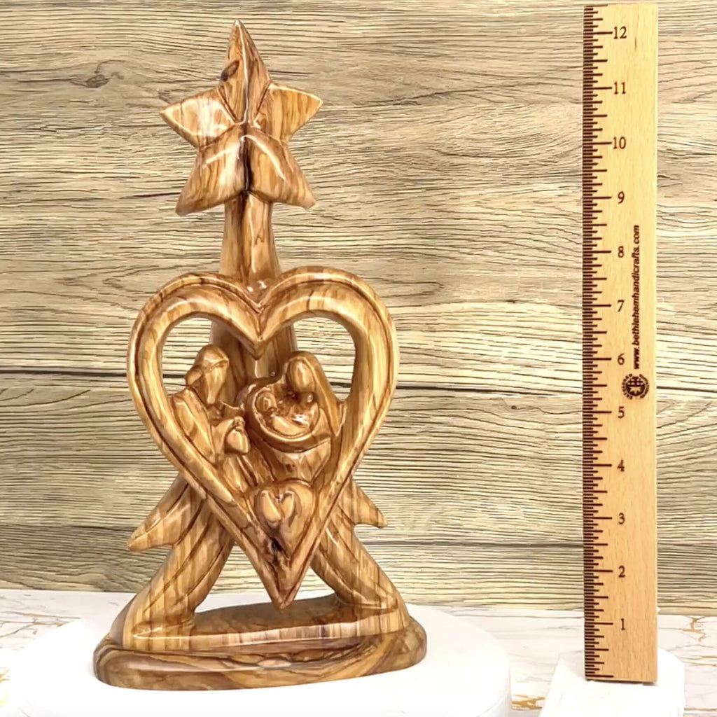 Holy Family olive wood statue hand carved in Bethlehem, 12.8 inch three quarter view of the religious piece