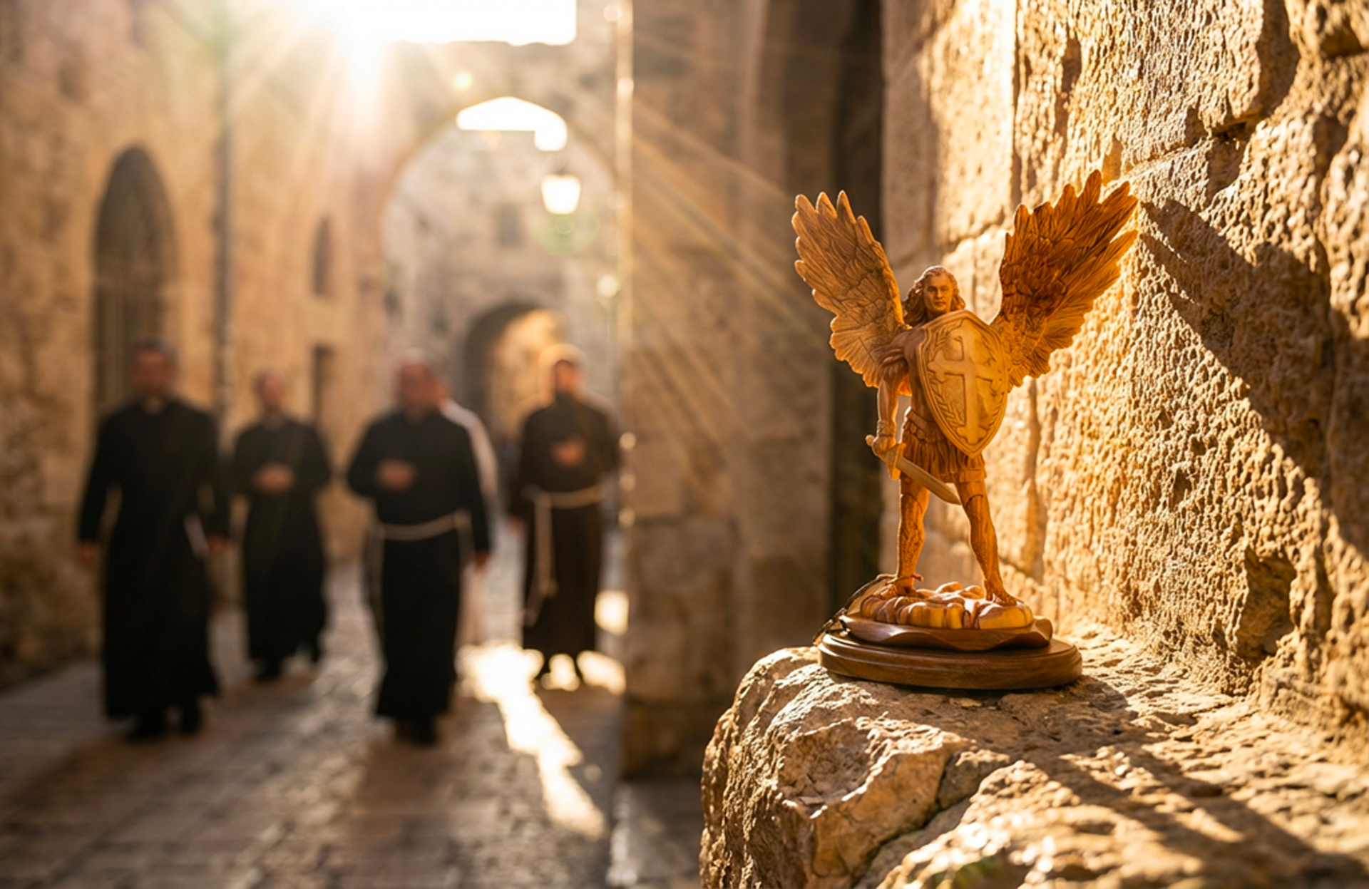 Hand-carved olive wood Archangel Michael statue from Bethlehem, with Christian monks walking through the Holy Land in the background.