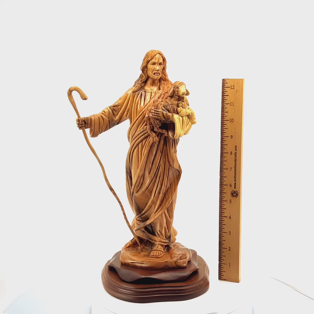 The Good Shepherd, Jesus Christ, 14.6" Wooden Statue, Holy Land Olive Wood