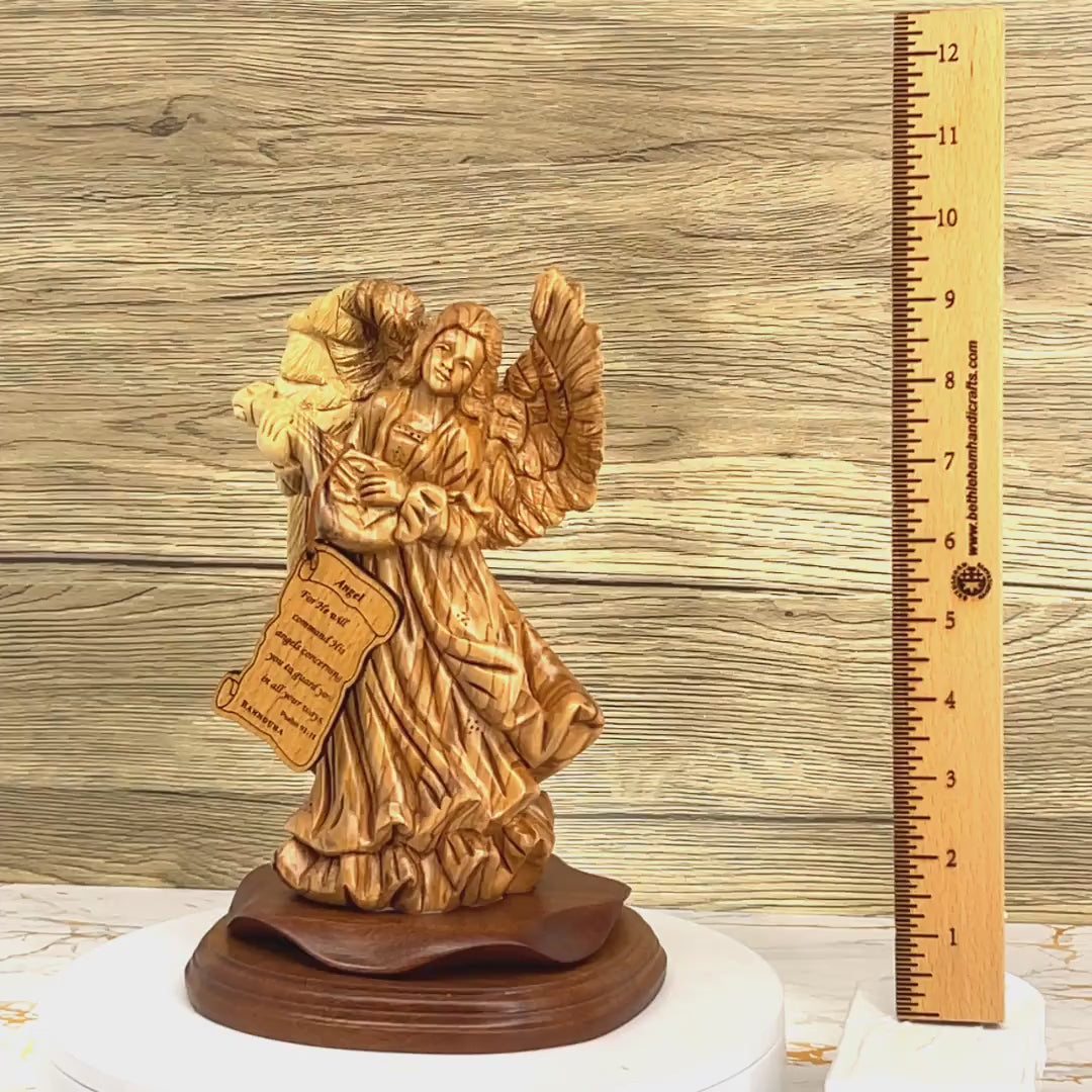 Angel Playing Music With Cithara Carving, 9.7" Olive Wood from Holy Land