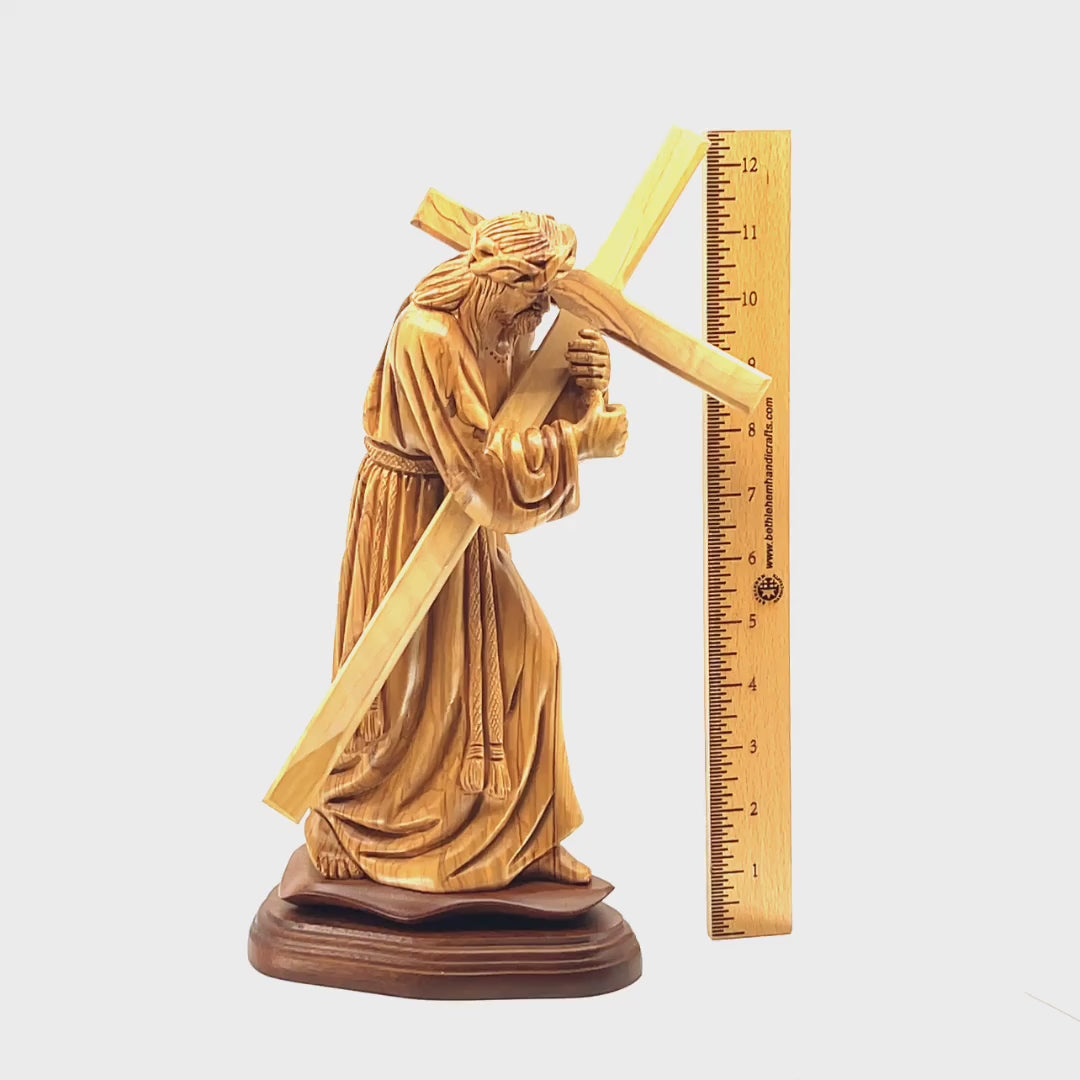 Jesus Christ "Holding Cross" Wooden Sculpture 16.9"