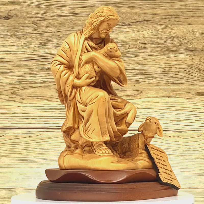 The Good Shepherd, Jesus Christ, 10.5" Carving from Holy Land Olive Wood