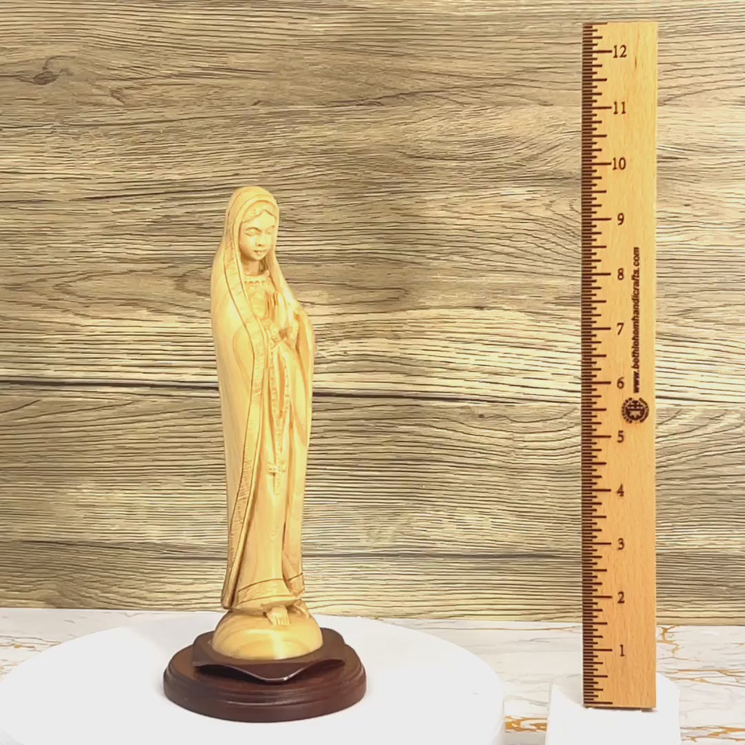 Blessed Mother Holding a Rosary, 10" Olive Wood Carving Statue from Bethlehem