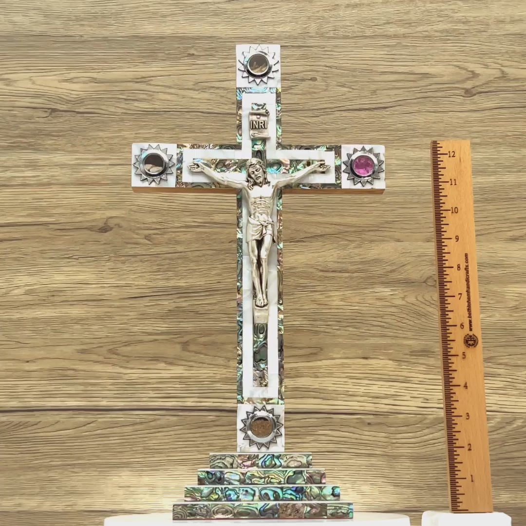 Standing Crucifix, 13.5" with 2.5" Base, Holy Land Olive Wood and Mother of Pearl, with 5 souvenirs